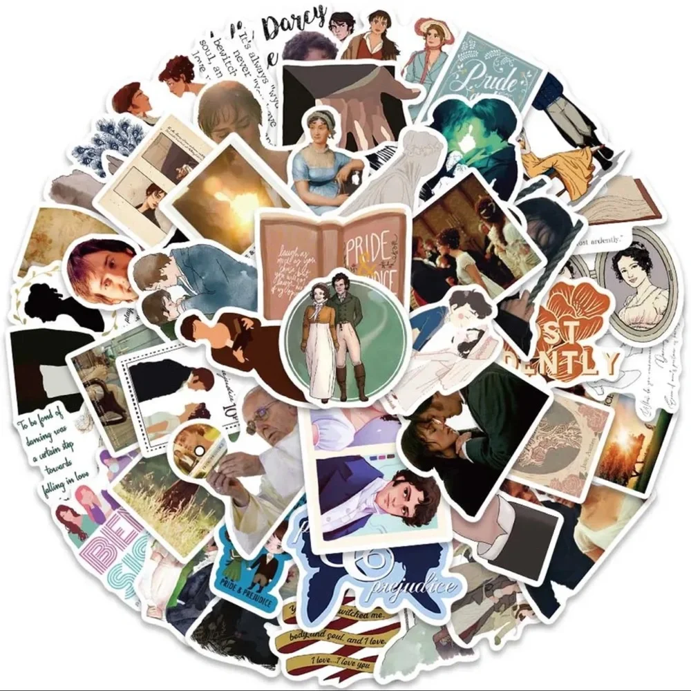 $1 PRIDE AND PREJUDICE STICKERS. 10 AT RANDOM. $1 WITH ANY $10 ORDER OR MORE